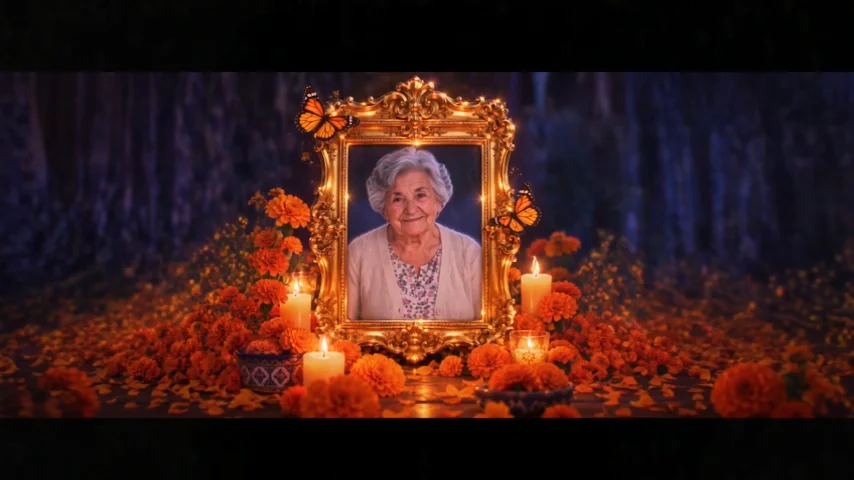 3.Review your completed 12-second vertical video featuring the glowing petal walk and golden tribute frame, ready for instant export.