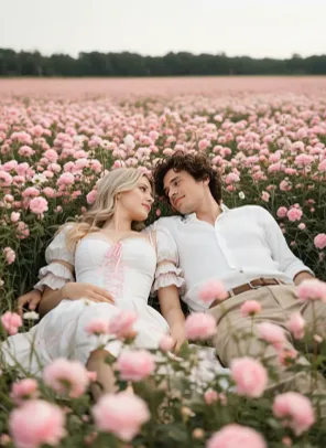 Two people are kissing amidst a romantic sea of flowers.