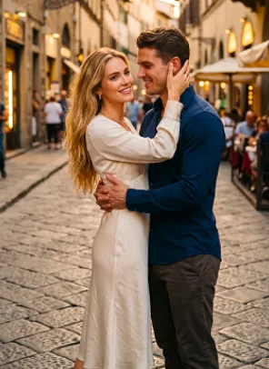 A couple hugging on a pedestrian street.