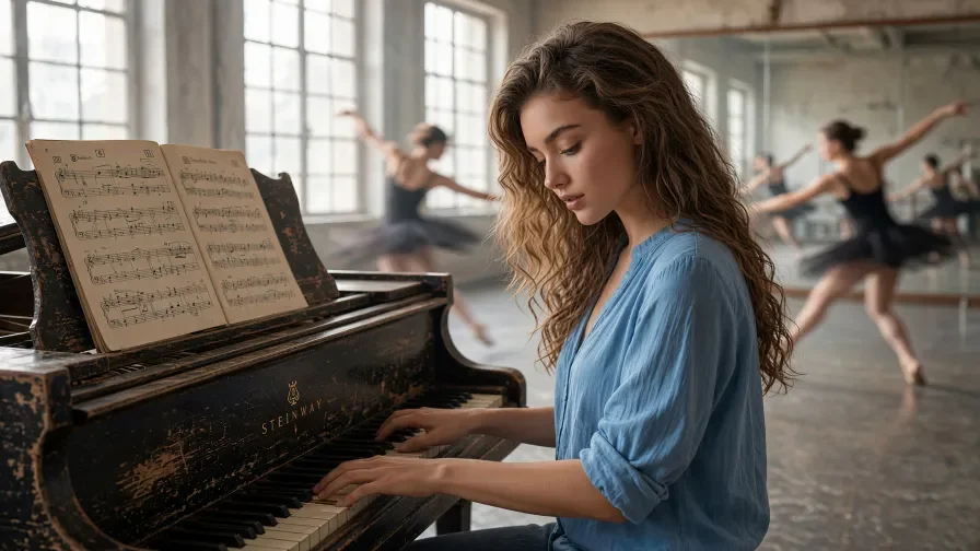 Preserve exact features. In a mirrored studio, the subject sits at a worn Steinway, rehearsal marks on the score, dancers blurred in motion behind, tall windows, chalky daylight. Shirt sleeves rolled. Photoreal, environmental, face unchanged.