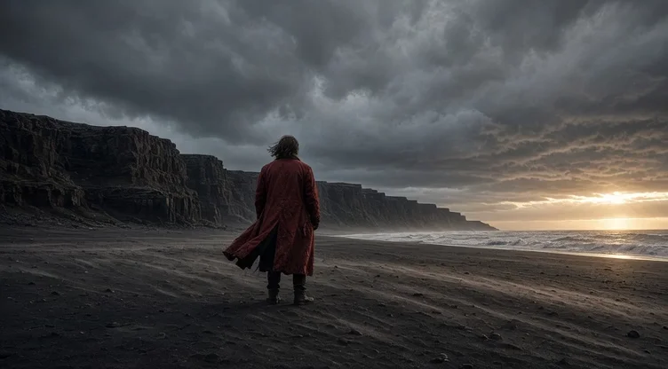 integrated_multimodal_description: [Shot 1] Live-action, cinematic, a lone traveler in a weathered red coat stands on a vast black-sand beach beneath towering storm clouds. Wind drives fine sand across the ground as distant waves strike dark basalt cliffs. The camera begins behind the traveler in a wide shot, then pushes in with small amplitude at slow speed while the traveler turns toward a narrow break of golden light on the horizon. The coat and hair move naturally in the wind, with realistic scale, atmospheric depth and continuous motion.`    `overall_soundscape: Strong coastal wind moves across the beach while distant waves crash against the cliffs. Fabric flutters close to the camera and loose sand skims across the ground.`    `non_diegetic_music: Sustained low strings at a slow tempo, joined by a single brass note that gradually rises in volume near the end.`
