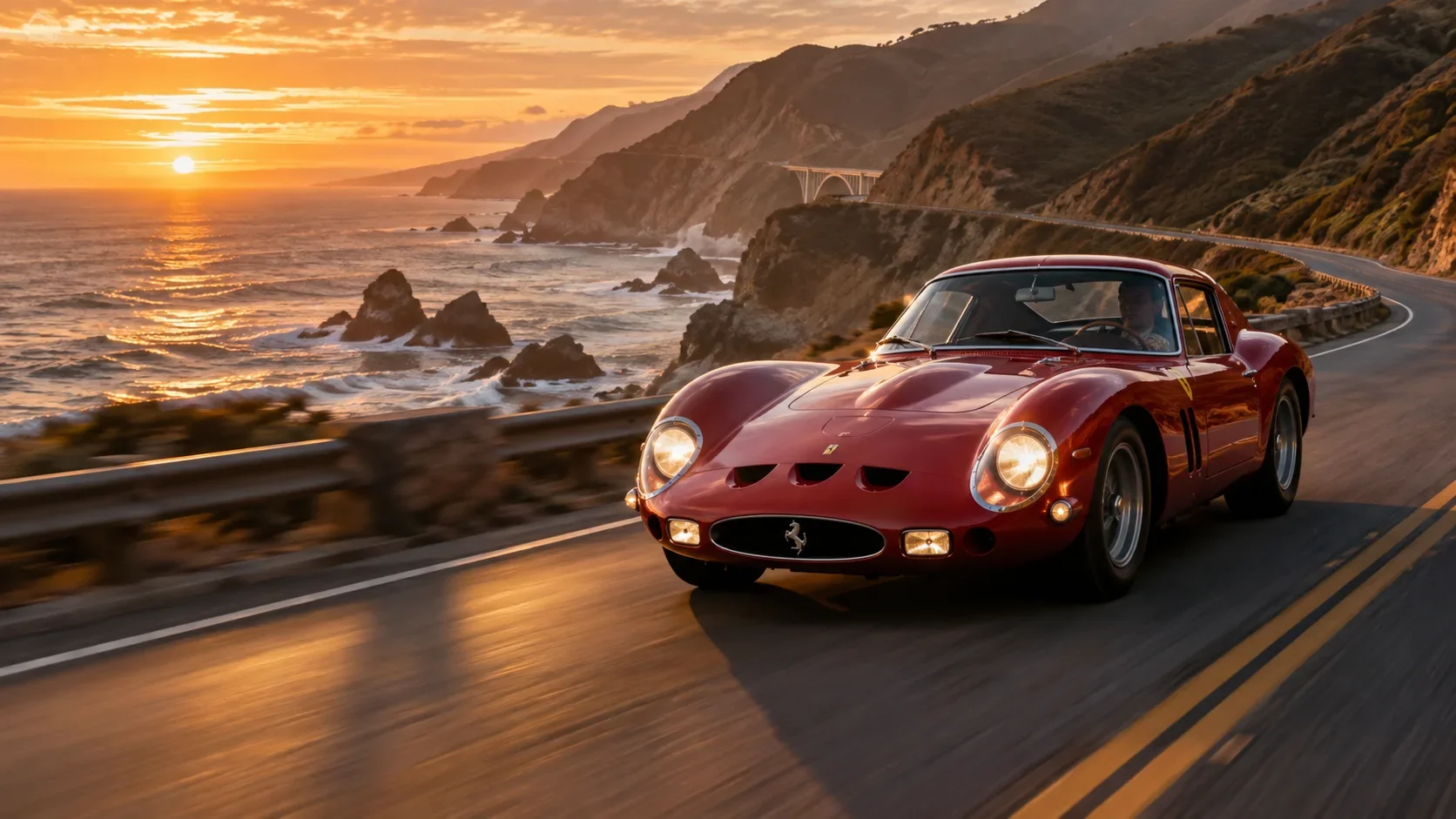 Prompt: The car starts smoothly and drives forward along the winding coastal highway. Camera tracks dynamically from the side. Golden hour light, ocean waves crashing below, cinematic motion.