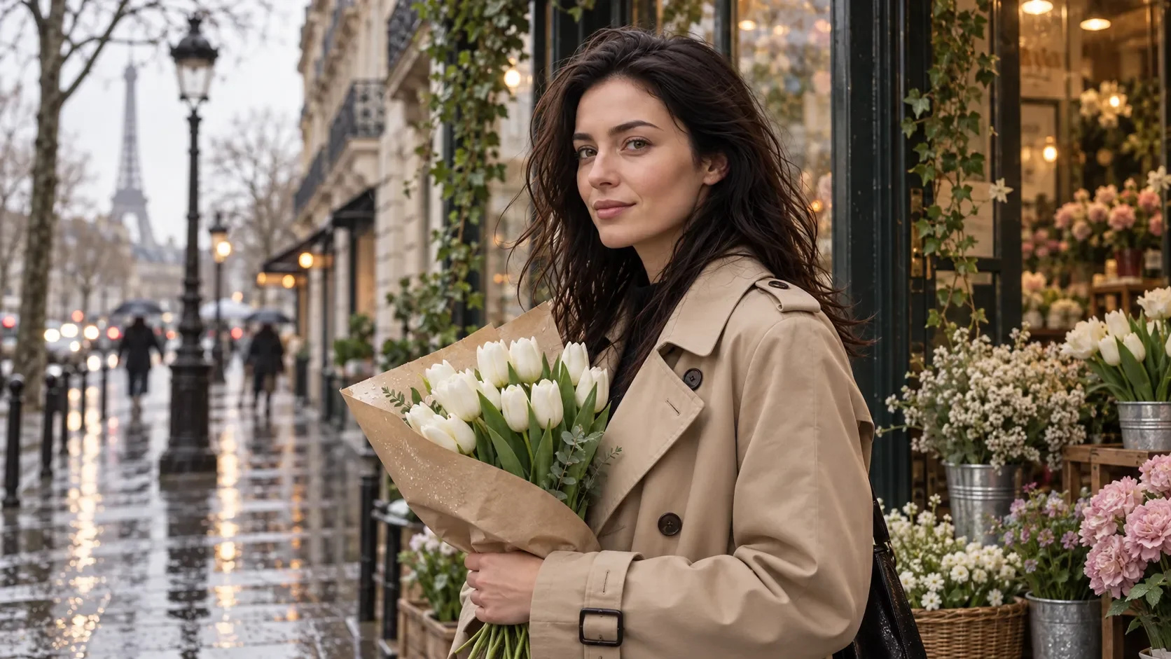Use the uploaded portrait as the identity reference. Place the same person outside a small Parisian flower shop on a rainy morning. Preserve their recognizable facial features and hairstyle. Add a beige trench coat, a bouquet of white tulips, soft overcast light, and subtle reflections on the pavement. Photorealistic editorial photography, vertical composition.