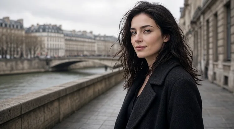 Use the uploaded portrait as the identity reference. Place the same person outside a small Parisian flower shop on a rainy morning. Preserve their recognizable facial features and hairstyle. Add a beige trench coat, a bouquet of white tulips, soft overcast light, and subtle reflections on the pavement. Photorealistic editorial photography, vertical composition.