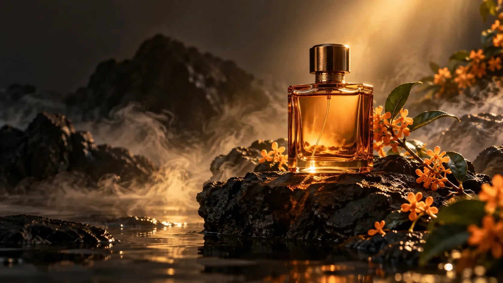 A translucent amber perfume bottle standing on a dark volcanic rock, surrounded by delicate orange blossoms and drifting mist. A narrow beam of golden light passes through the glass. Sophisticated beauty campaign, realistic materials, dramatic contrast, generous negative space.