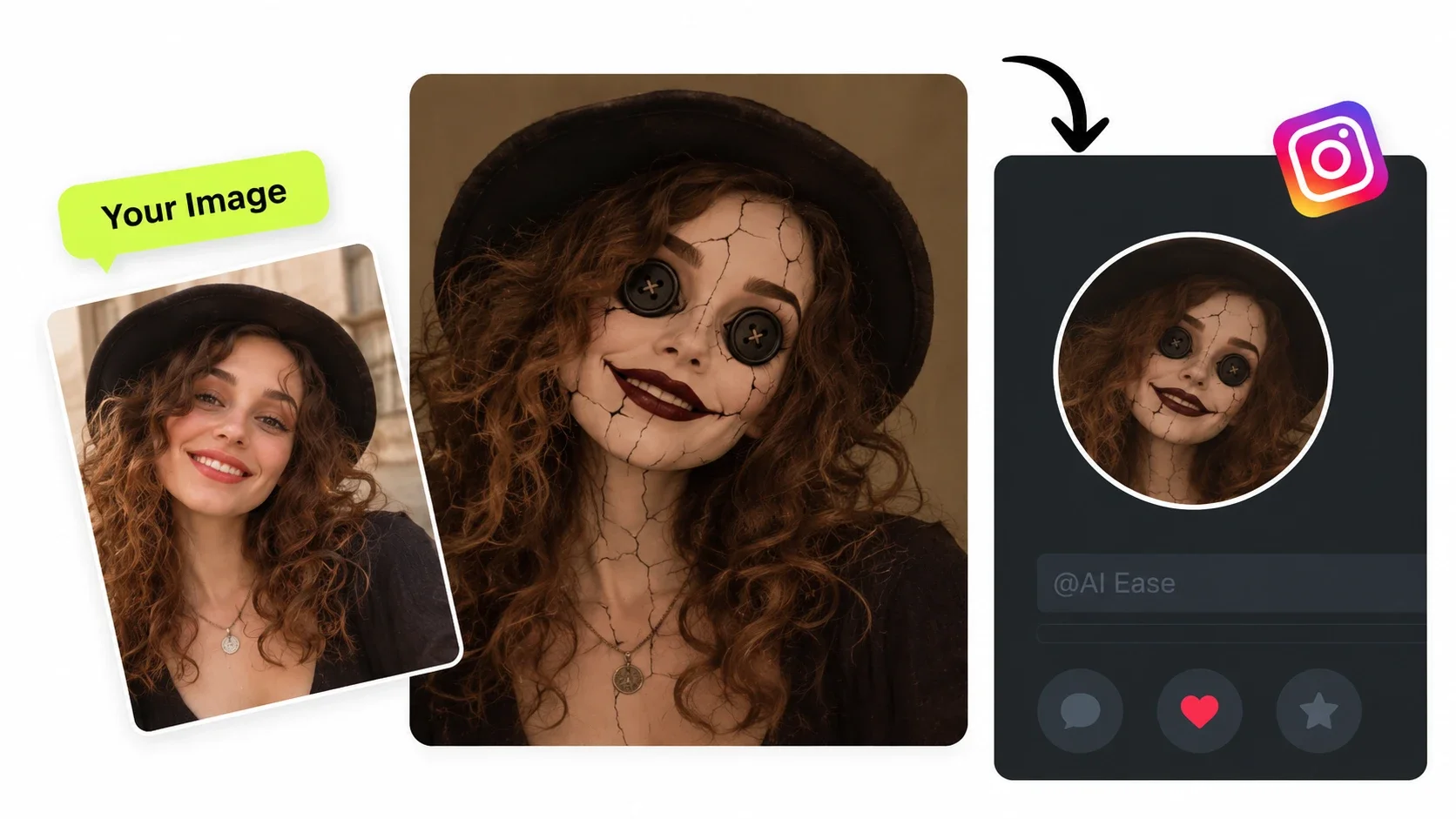 Spooky Halloween Coraline button eyes filter, large black button eyes with white cross-stitching, pale cracked porcelain skin, dark gothic lips, creepy aesthetic, cinematic lighting, photorealistic, 8k.