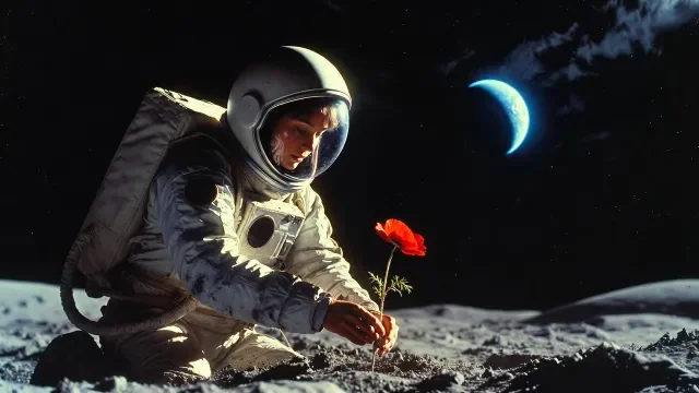 A female astronaut in a slightly dirty white spacesuit kneeling on the gray lunar surface, carefully planting a bright red poppy in the dust, Earth glowing blue in the black sky behind her, golden sunlight, photorealistic, wide cinematic shot, film grain.