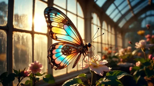 A delicate clockwork butterfly with stained-glass wings landing on a real flower inside a Victorian glass greenhouse at golden hour, sunlight streaming through dusty panes, photorealistic mixed with steampunk details.