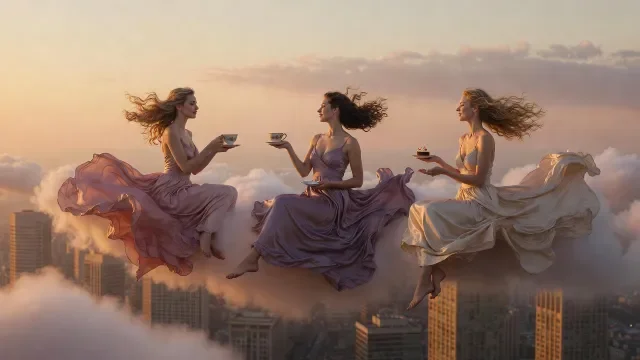 Three elegant women in flowing silk dresses having afternoon tea while sitting on giant floating clouds high above a city, teacups and cake floating slightly, soft sunset light, photorealistic with dreamy atmosphere.