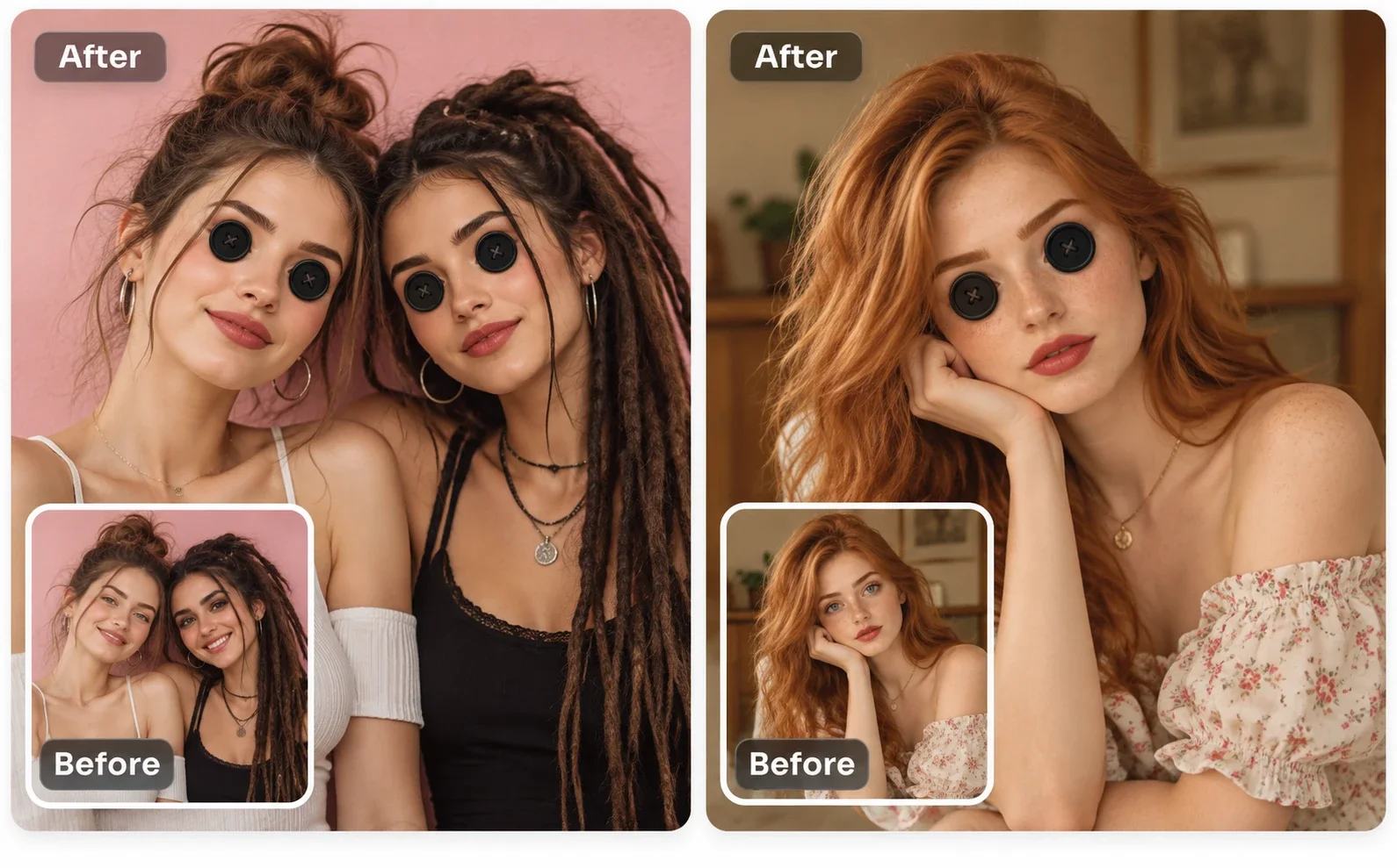 Photorealistic Coraline button eyes filter, large black sewn button eyes with cross-stitching over the eyes, natural human skin texture, maintaining original face identity, hair, expressions, and clothing, realistic photography lighting, high-resolution portrait.