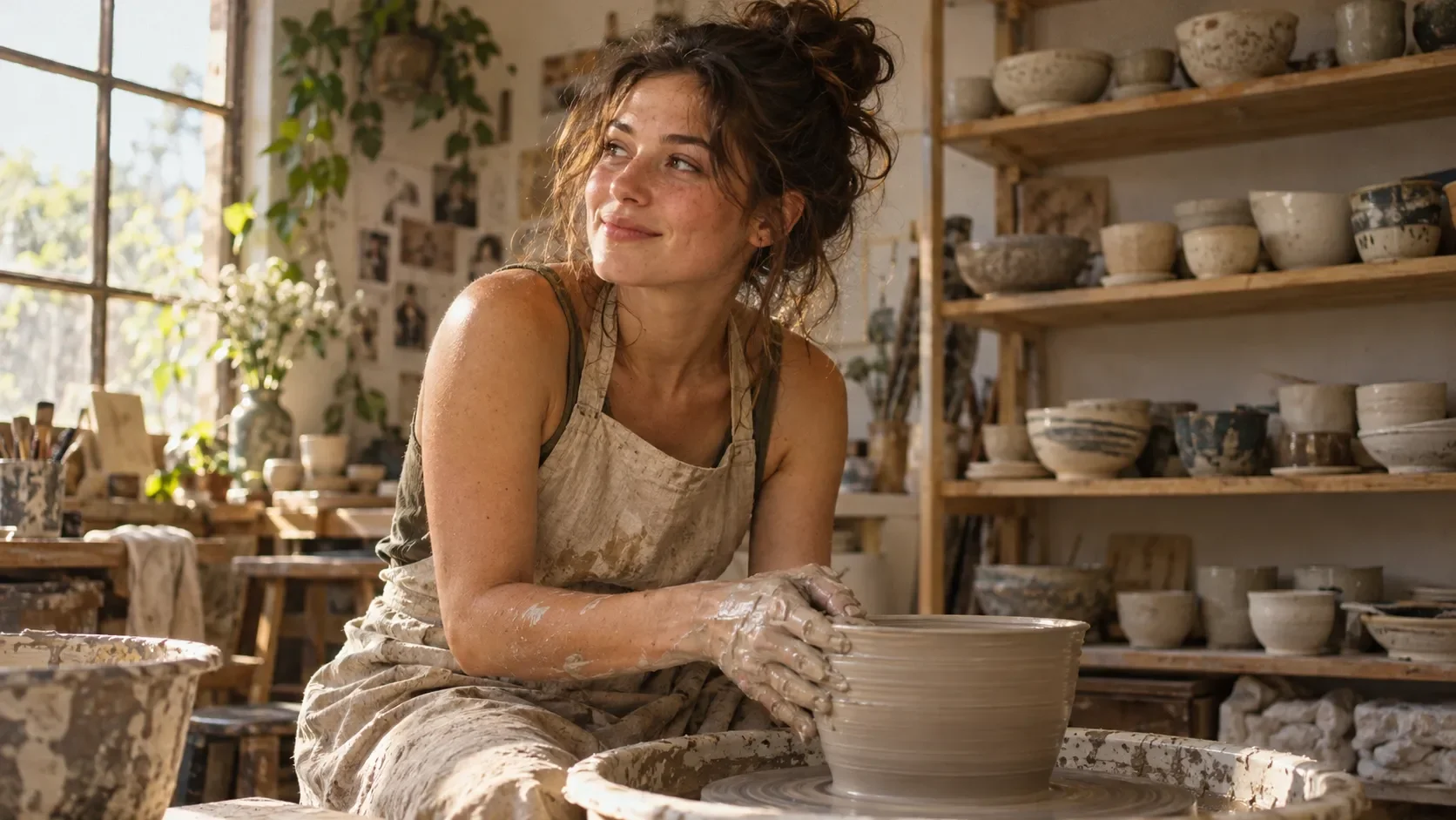 Editorial portrait of a young ceramic artist in a sunlit pottery studio, wearing a linen apron, hands covered in clay, shelves of handmade bowls in the background. Natural skin texture, warm window light, candid expression, subtle film grain, 35mm photography.