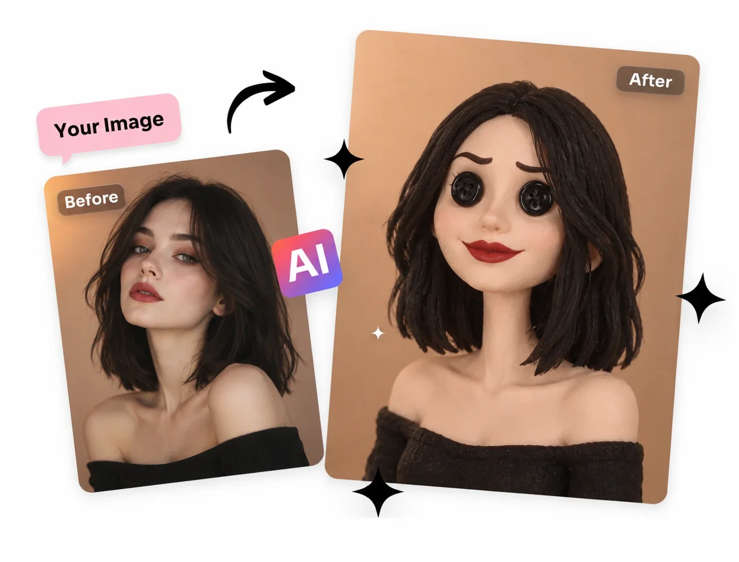 Cute 3D stop-motion Coraline button eyes filter, handmade puppet doll, smooth matte clay skin, glossy black 4-hole button eyes sewn with black thread, sculpted black hair, slender neck, soft clay smile, off-shoulder black top, miniature photography, studio lighting, 8k resolution.