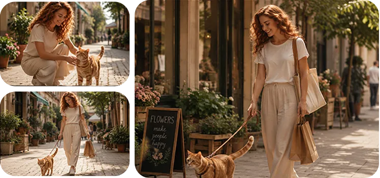 smiling woman with curls holds a cat, walking on a sunny shopping street. plants and shop windows.