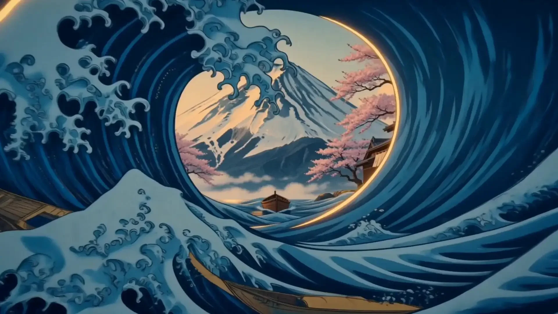 日本の伝統的な浮世絵をシネマティック映像としてアニメーション化する。富士山、うねる藍色の大波、小さな木造船、桜、古い日本家屋を描き、木版画の質感と力強い輪郭線、伝統的な色彩を維持する。
波がうねり、船が揺れ、桜の花びらが舞い、雲が富士山の上をゆっくり流れる。鳥が空を飛び、夕方の柔らかな光が波と山を美しく照らす。
カメラは波の近くから前進し、船を通り過ぎて富士山へ視線を移し、最後に日本の風景全体を広く映す。壮大で幻想的、ダイナミックな映像。