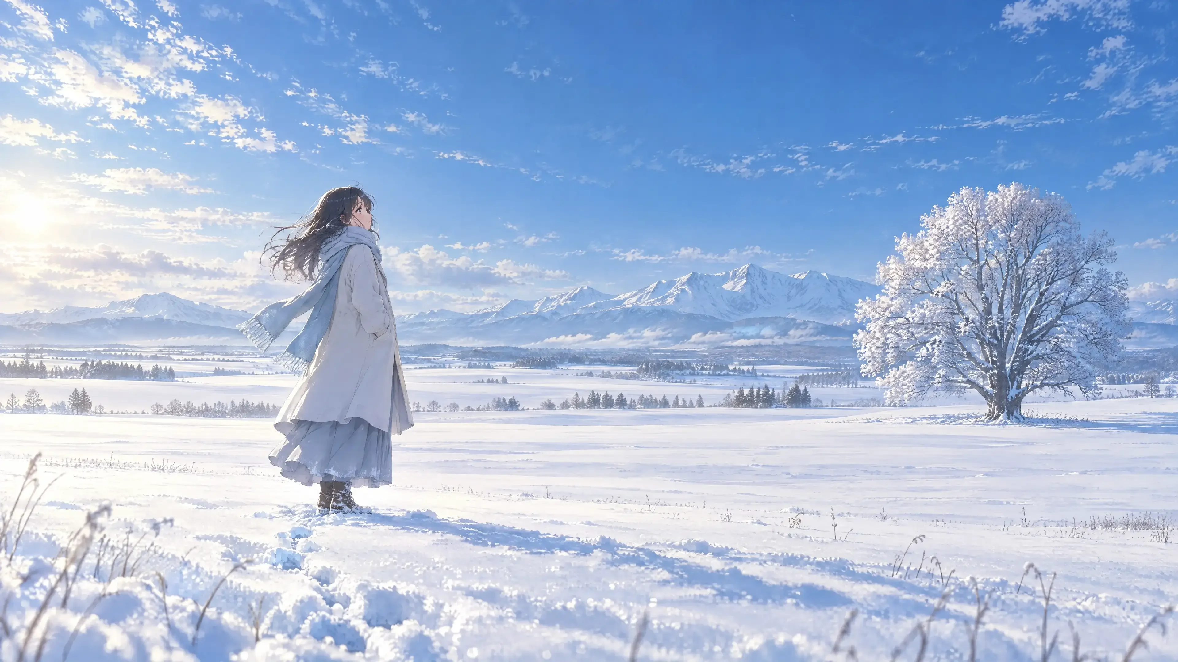 元の写真の人物を北海道美瑛の広大な雪原に配置し、日本の劇場アニメ映画のような美しい風景イラストへ変換。どこまでも続く真っ白な雪原、青空、遠くの雪山、一本だけ立つ大きな木を背景にする。人物の髪とマフラーが冷たい風で自然に揺れ、雪面には柔らかな光が反射している。白、淡い青、薄いグレーを中心とした透明感のある色彩、壮大な遠近感、繊細な光と影、静寂と孤独感を感じる幻想的な北海道の冬。